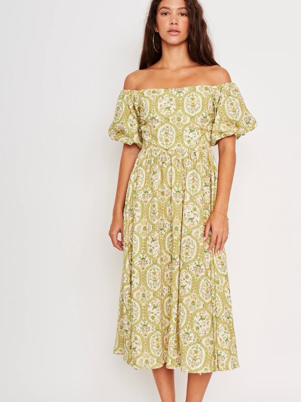dRA Barbados Off the Shoulder Green Floral Midi Dress XS NWT